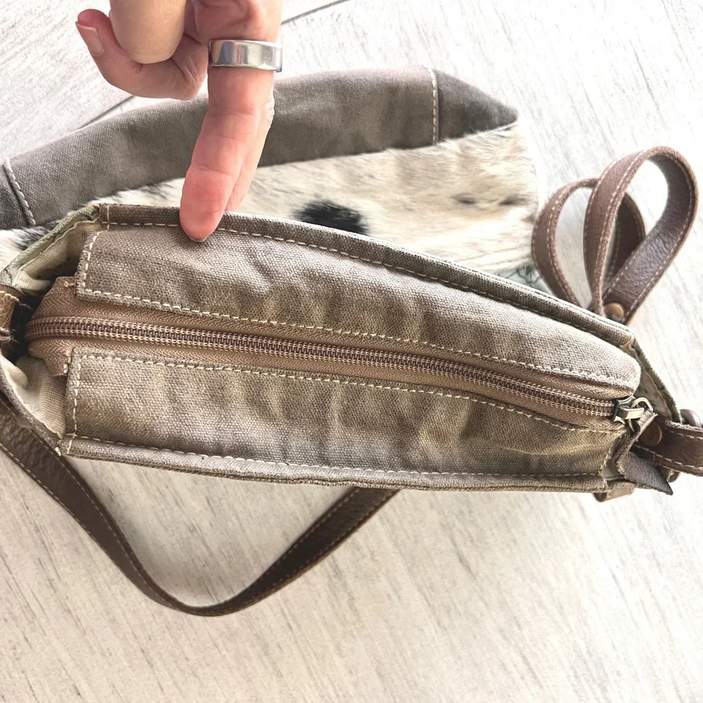 Myra Bag Upcycled Canvas Rug Cowhide Crossbody Bag Green Brown S-1250